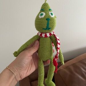 Grinch Crochet Toy with Red and White Scarf